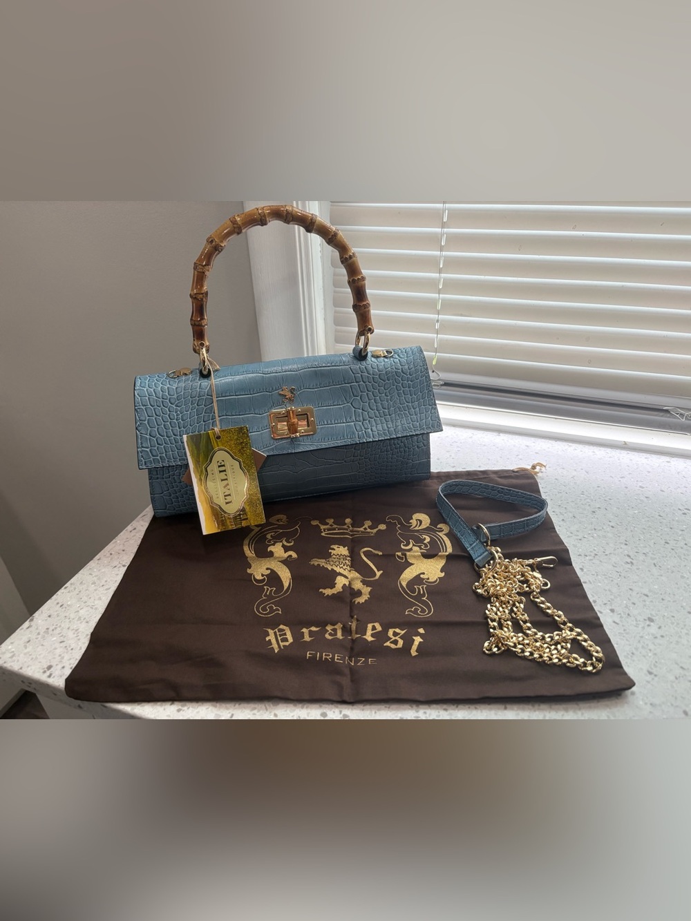 NWT Pratesi Castalia Lady Italian leather - Croco Embossed Leather-Pearl Blue